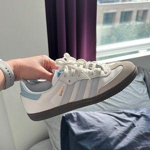Adidas Originals Samba OG, White/Halo Blue/Gum, Size 8.5
